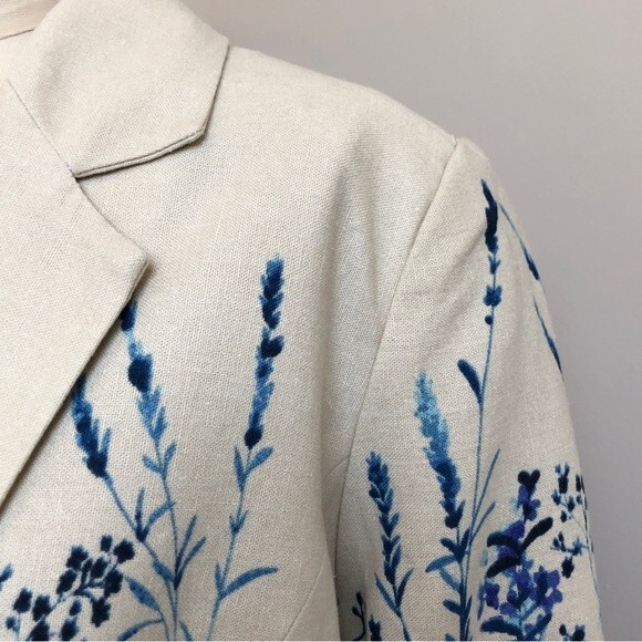 Norm Thompson Blazer Womens Large Blue Linen Floral Watercolor Blend One Button - Picture 3 of 15